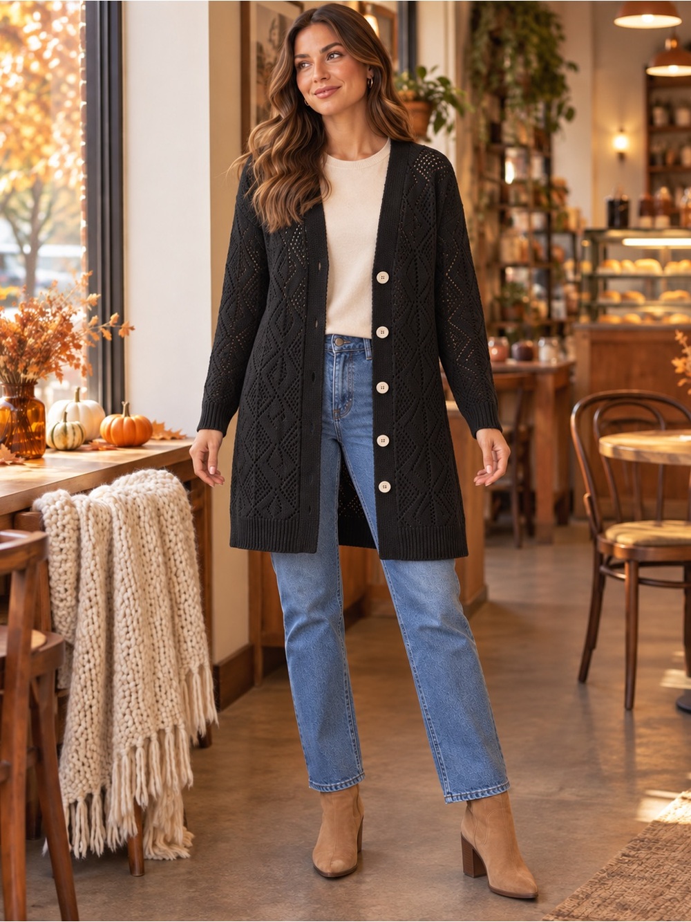 Women's Black Openwork Knit Button-Front Cardigan